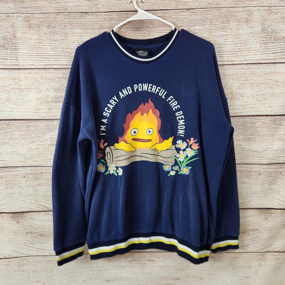 Howls Moving Castle Ghibli Sweatshirt Women Medium Blue Embroidered Pullover